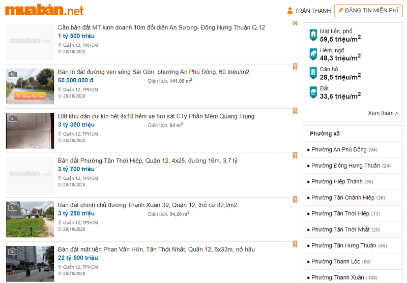 Ví dụ về tin đăng bán đất quận 12 TPHCM trên muaban.net.