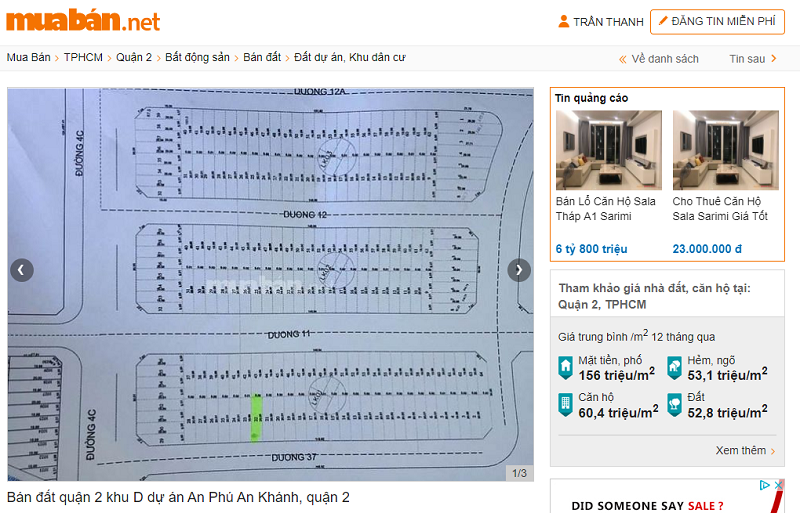 Ví dụ về tin đăng bán đất tại quận 2, TPHCM trên muaban.net.