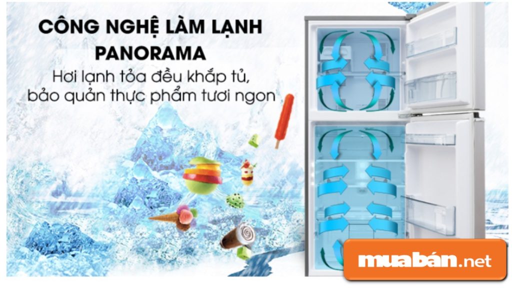 Công nghệ Panorama giúp hơi lạnh lan tỏa đều khắp mọi nơi trong tủ, giúp thực phẩm được bảo quản tốt hơn.