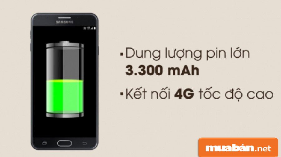 Dung lượng pin J7 Prime cũng khá lớn, đạt đến 3300 mAh, sạc 5V-1.55A.