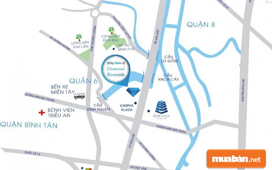 Dự án Diamond Riverside (City Gate 2) toạ lạc ngay mặt tiền Đại lộ Võ Văn Kiệt quận 8