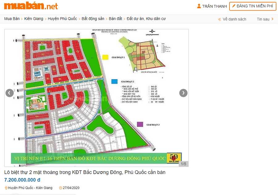 Lô biệt thự 2 mặt thoáng trong KĐT Bắc Dương Đông, Phú Quốc cần bán. Giá 7.200.000.000 đ