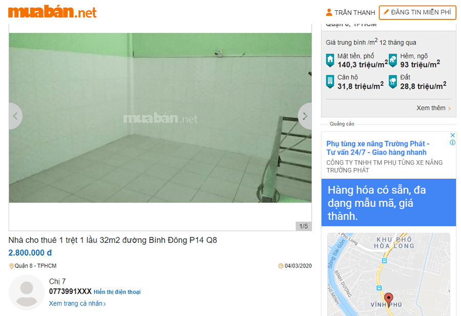 Nhà cho thuê 1 trệt 1 lầu 32m2 đường Bình Đông Phường 14 Quận 8