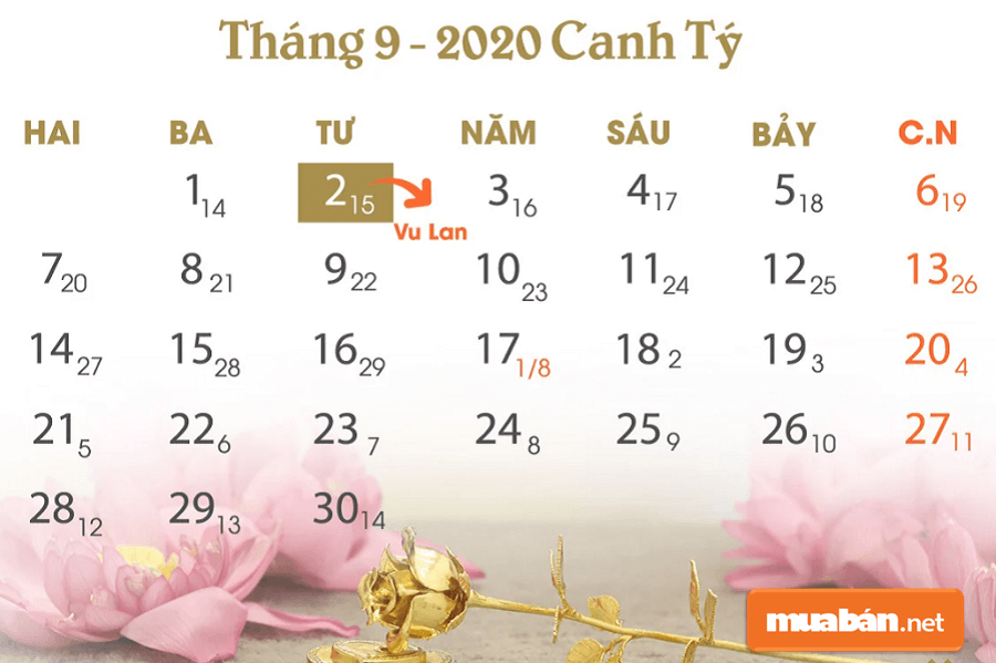 Lễ Vu Lan năm nay 2020 vào thứ 4, ngày 02/9 dương lịch (lễ Quốc Khánh 2/9) tức ngày 15/7 Âm lịch.