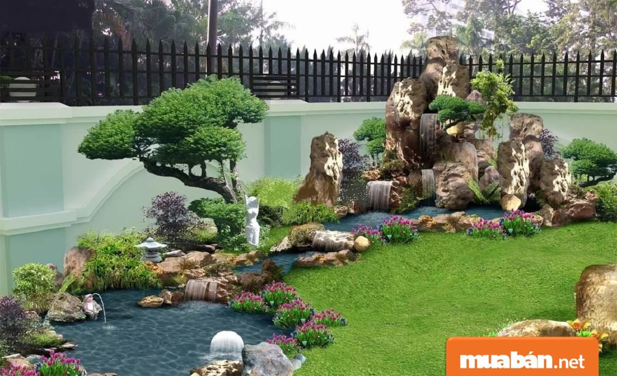 Tiểu cảnh sân vườn mini chủ yếu bao gồm cây và nước