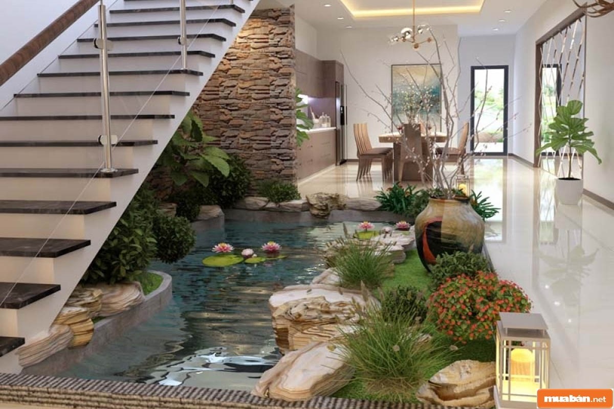 Chọn tiểu cảnh phù hợp là yếu tố tăng sức hút cho không gian khu vực cửa trời này. Đồng thời, nâng cao tính thẩm mỹ, thể hiện cá tính riêng của gia chủ