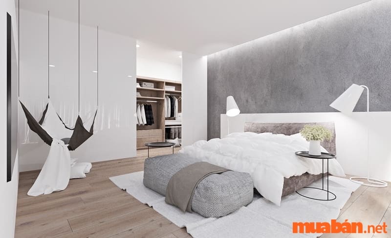 Xám nhạt là lựa chọn hoàn hảo để giữ nguyên sự tinh khiết trong phòng ngủ màu trắng của bạn