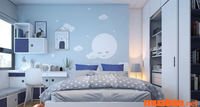 Phòng ngủ màu trắng xanh mơ màng, tuyệt đẹp