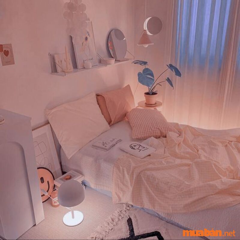 Decor phòng ngủ chill cho nữ với việc sử dụng tone hồng chủ đạo