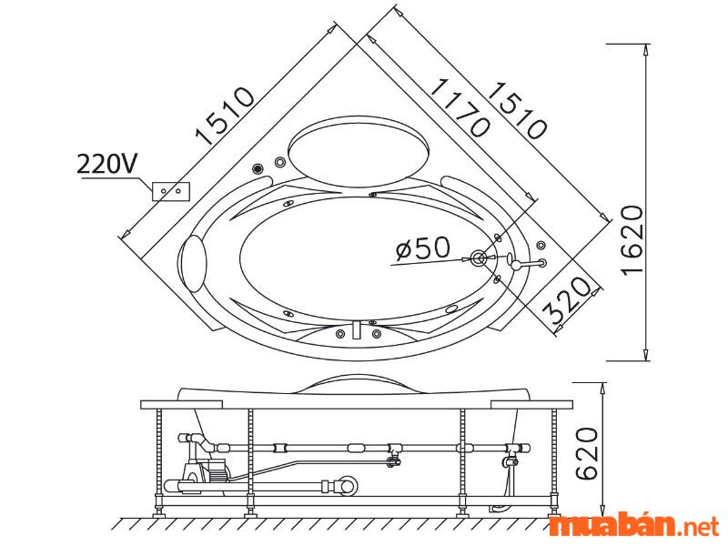 Một mẫu bồn tắm góc có kích thước phổ thông