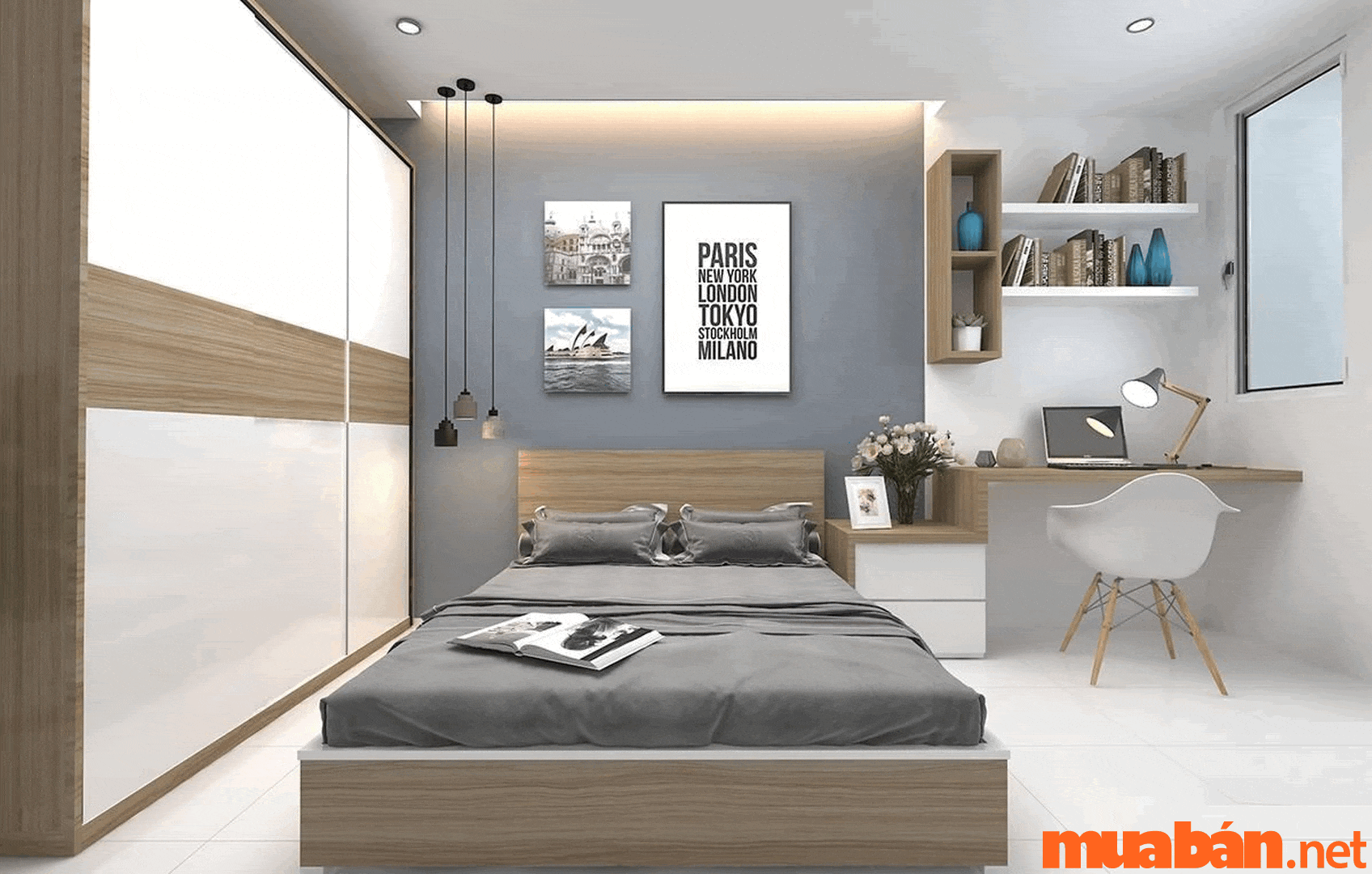Decor phòng ngủ chill cho nam với tone màu trung tính giúp căn phòng trông sang trọng hơn