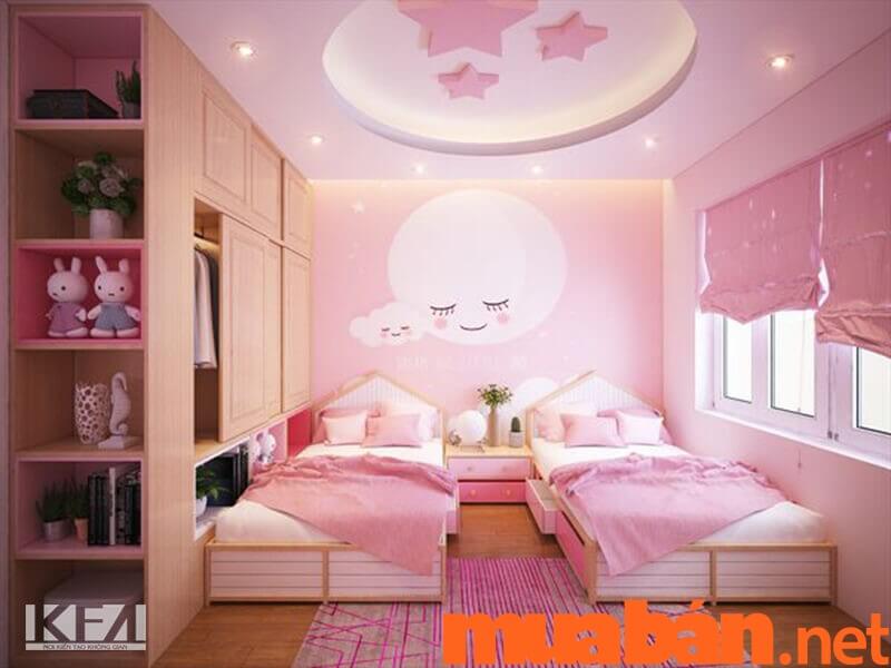 Mẫu thiết kế nội thất phòng ngủ màu hồng dễ thương cho 2 bé gái