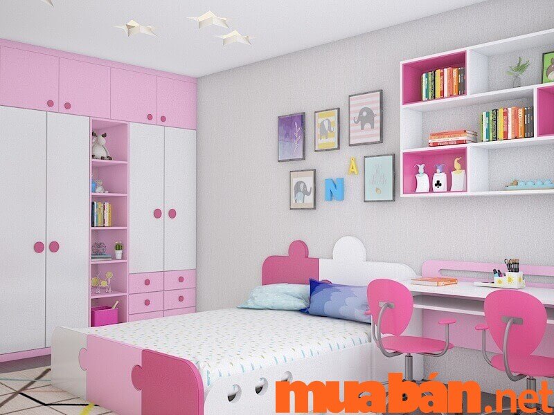 Phòng ngủ nhỏ màu hồng tiện nghi cho bé gái từ 6 tuổi