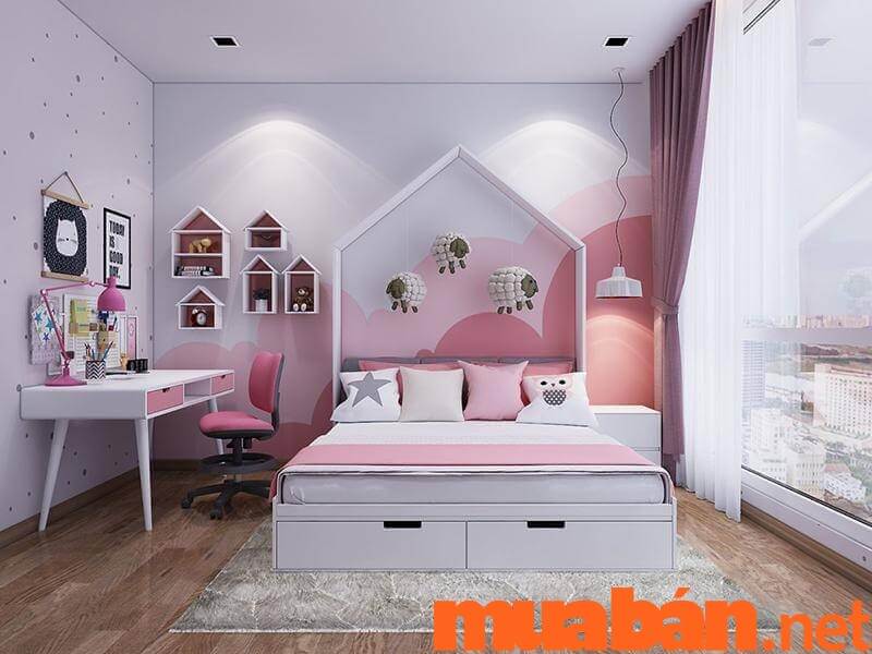 Mẫu phòng ngủ bé gái màu hồng kết hợp nhiều họa tiết dễ thương