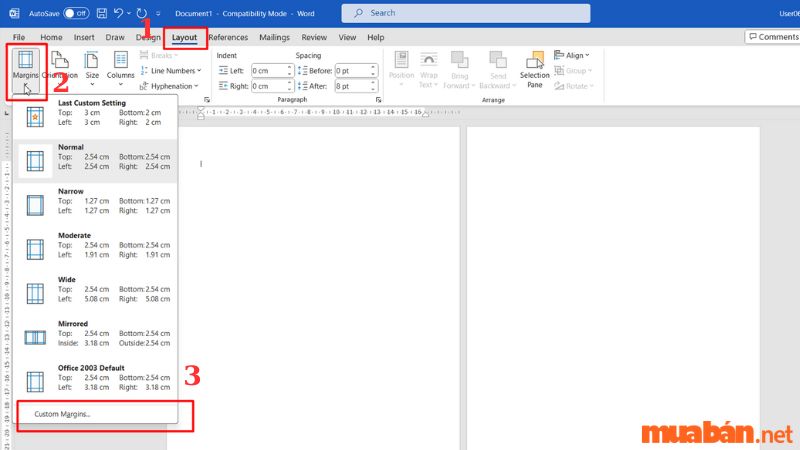 Chọn thẻ "Layout", sau đó chọn "Margins"