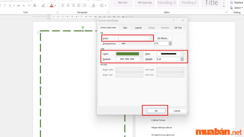 Trong cửa sổ "Format Shape" chính sửa các tùy chọn