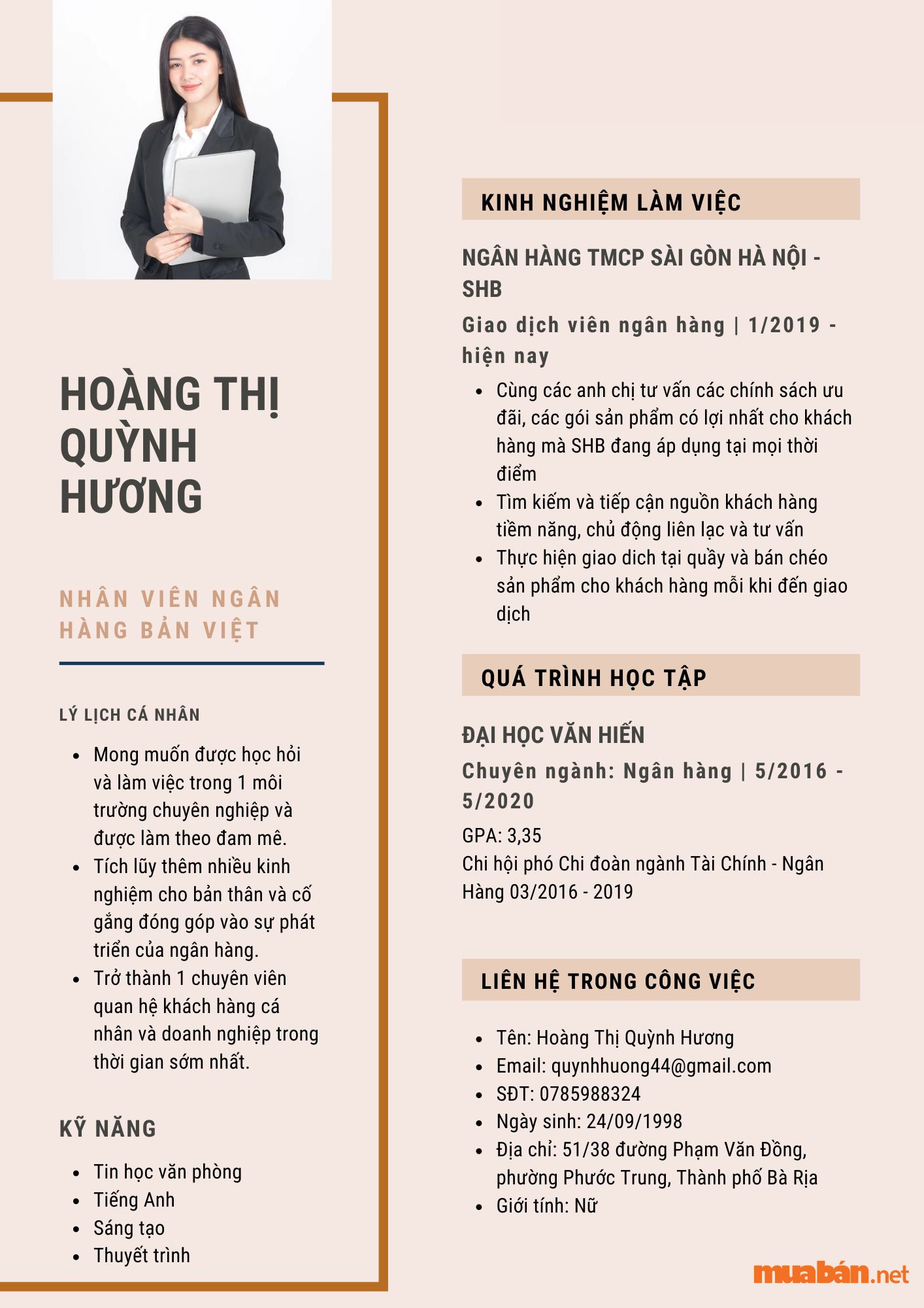 mẫu cv ngân hàng bản việt