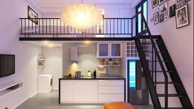 Hướng dẫn "lột xác" phòng trọ có gác lửng đẹp, chi phí rẻ Khu vực bếp trong phòng trọ có gác lửng gọn gàng