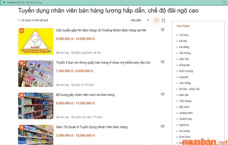 Bạn có thể tìm việc nhân viên bán hàng từ muaban.net.