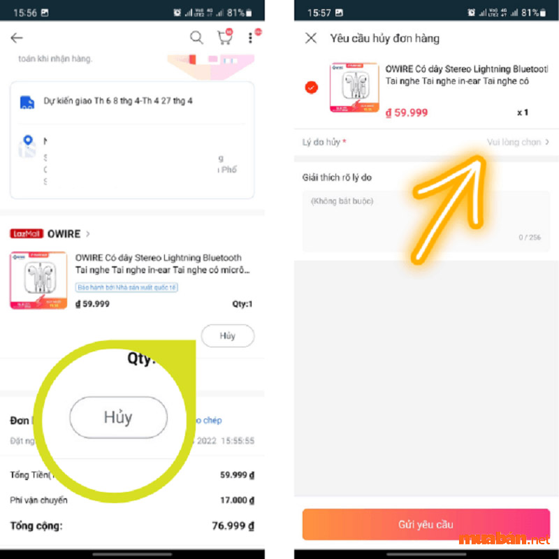 Hủy đơn hàng bằng app Lazada siêu nhanh