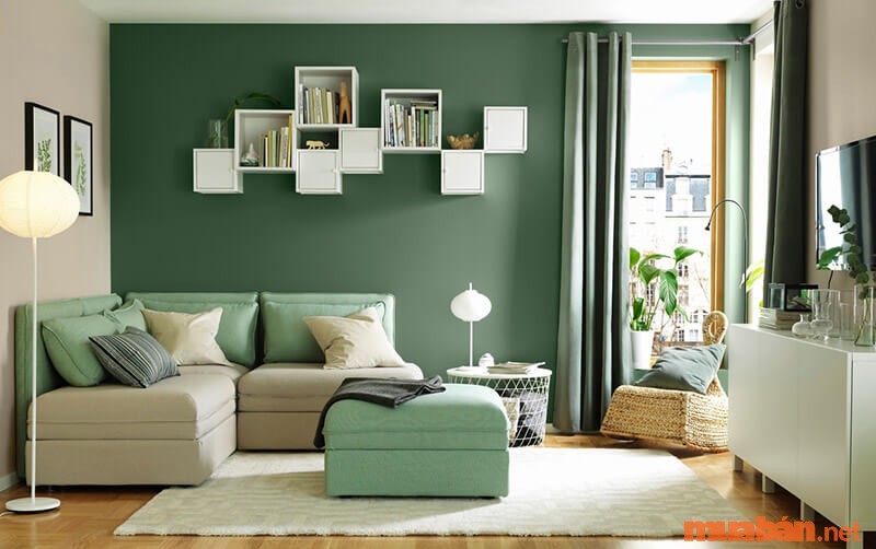 Ý tưởng phối xanh rêu cùng trắng cũng tạo nên sự tươi mới, trẻ trung cho căn phòng.