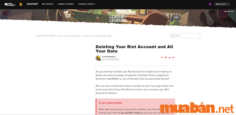 Tại mục “Deleting Your Riot Account and All Your Data” bạn lăn con trỏ chuột xuống dưới
