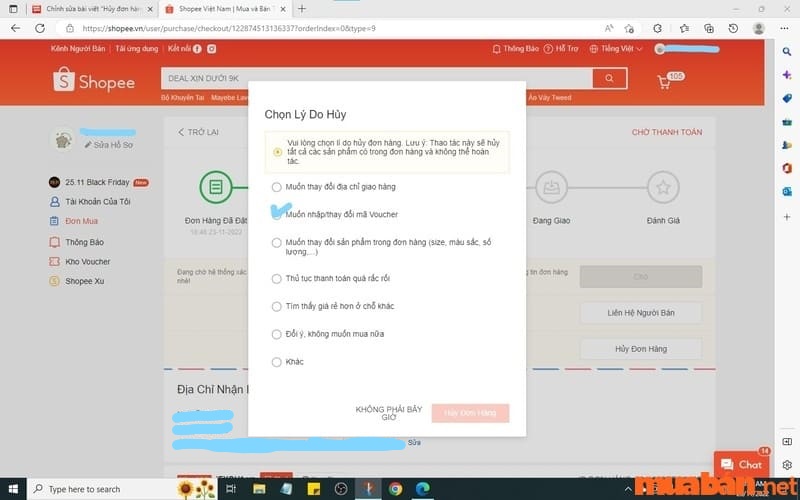 hủy đơn hàng đã thanh toán trên Shopee