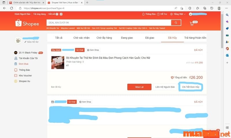 hủy đơn hàng đã thanh toán trên Shopee