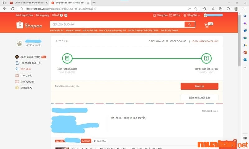 hủy đơn hàng đã thanh toán trên Shopee