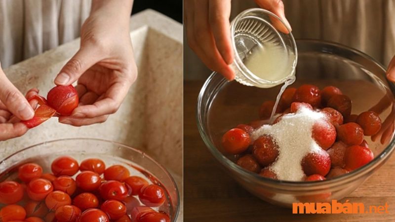 Ngâm cà chua trong nước cốt chanh và đường 