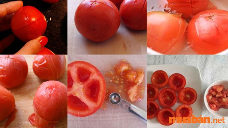 Rửa sạch tất cả trái cà chua, dùng dao khía rồi chần nước nóng để lột vỏ và loại bỏ hạt