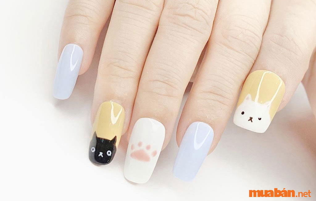 Mẫu sơn móng tay phong cách đáng yêu cùng hình mèo đơn giản