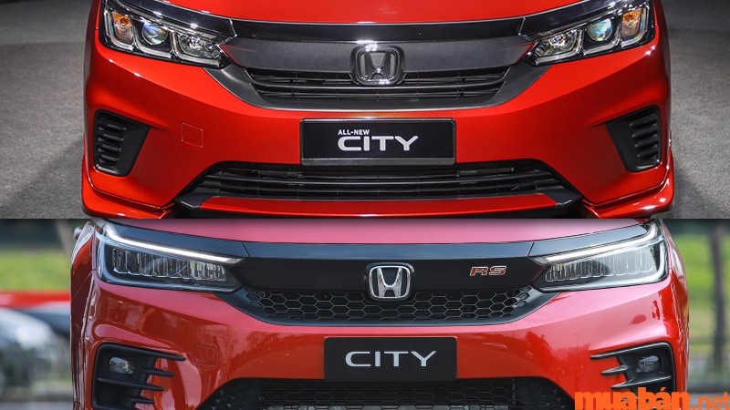 Đầu xe Honda City G 2021 (bên trên) có thiết kế hơi khác ở cụm đèn và lưới tản nhiệt khi so với Honda City RS 2021 (bên dưới)