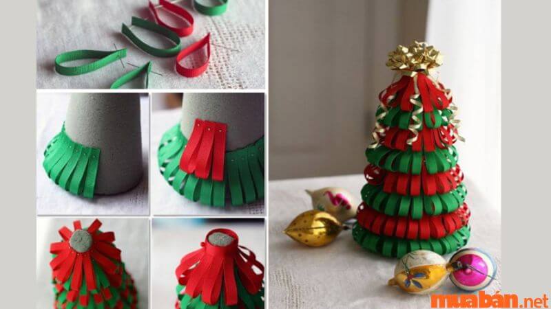 Cách làm cây thông Noel bằng dây ruy băng