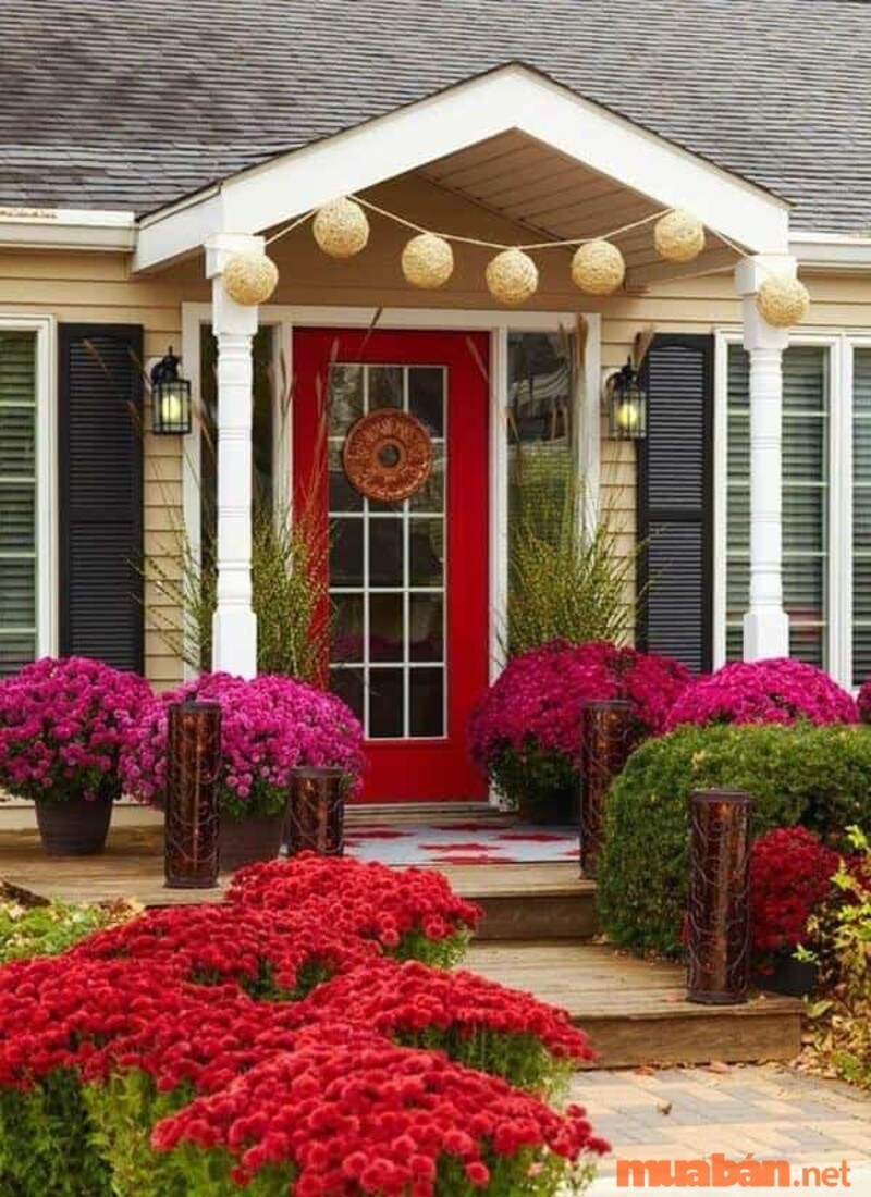 Bạn có thể sử dụng cây lá, hoa màu đỏ, sơn cửa đỏ hoặc treo đồ trang trí màu đỏ.