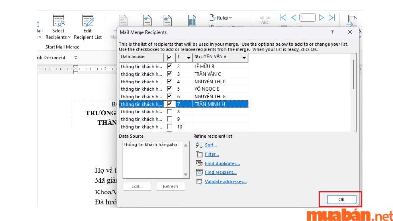 Sử dụng Mail merge trong Word bước 5