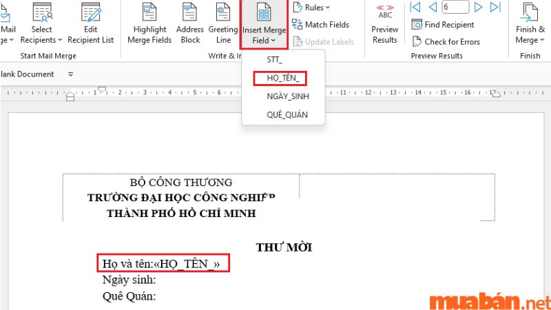 Sử dụng Mail merge trong Word bước 6