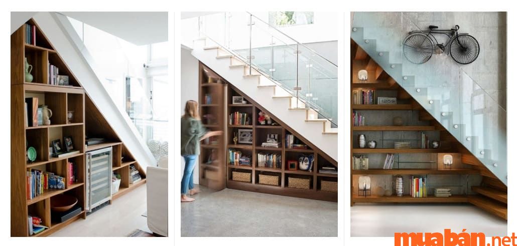 Bạn có thể tận dụng không gian gầm cầu thang để làm kệ sách