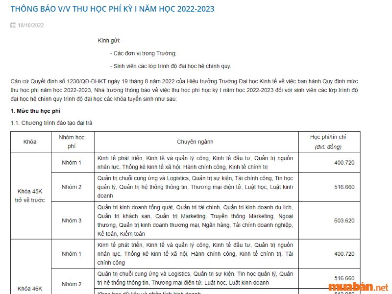 Học phí trường Đại học Kinh tế Đà Nẵng Năm 2022-2023