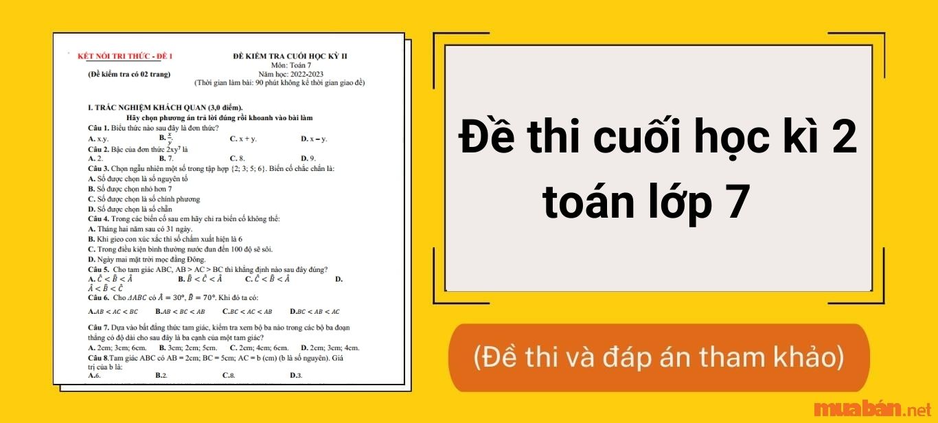 Đề thi toán lớp 7 cuối học kì 2 có đáp án