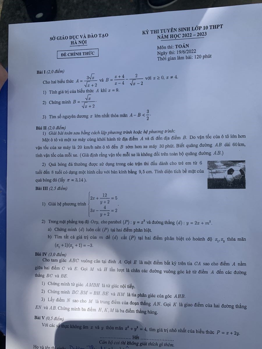đề thi vào lớp 10 môn Toán tại Hà Nội năm 2022