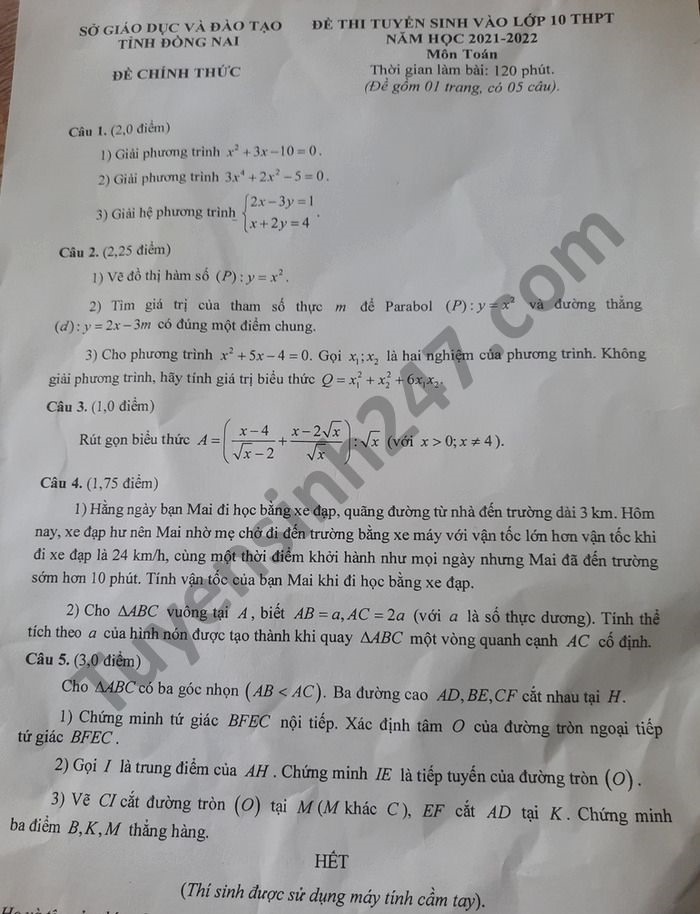 đề thi tuyển sinh lớp 10 môn toán đồng nai