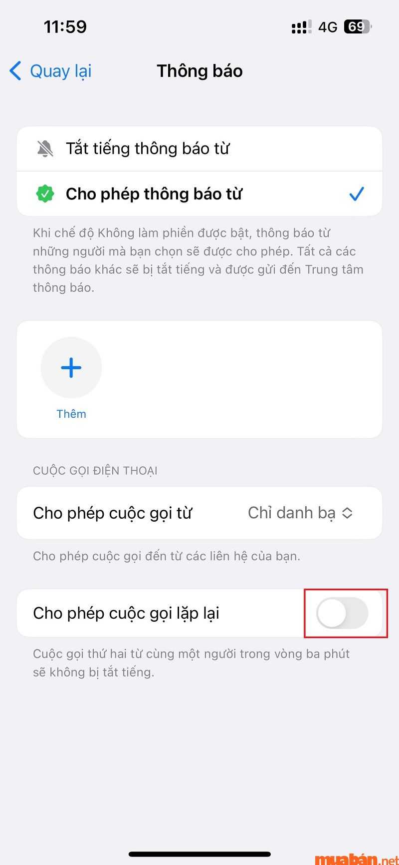 Tắt chức năng Cho phép cuộc gọi lặp lại