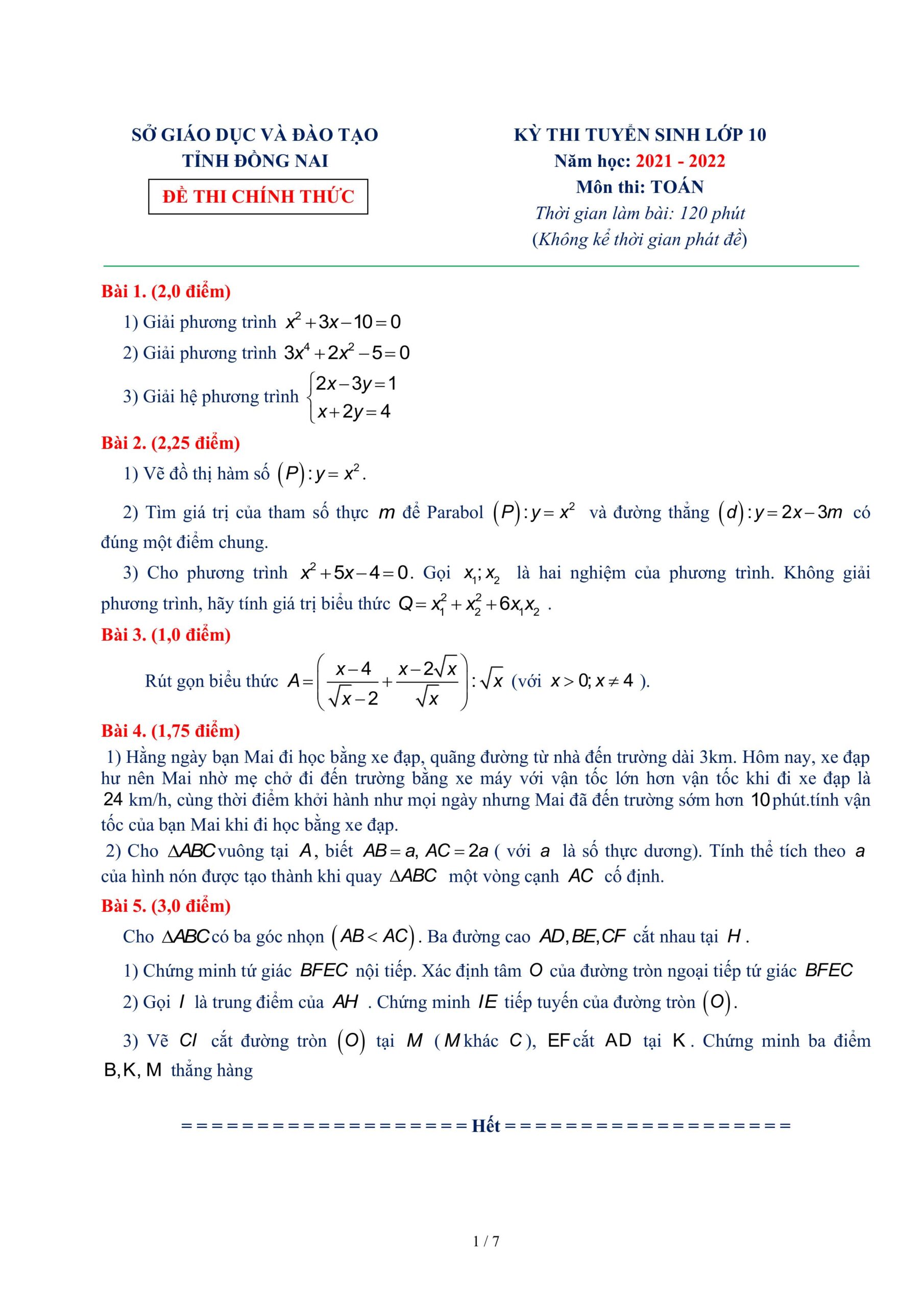 Đề thi vào lớp 10 năm 2021 môn Toán tỉnh Đồng Nai