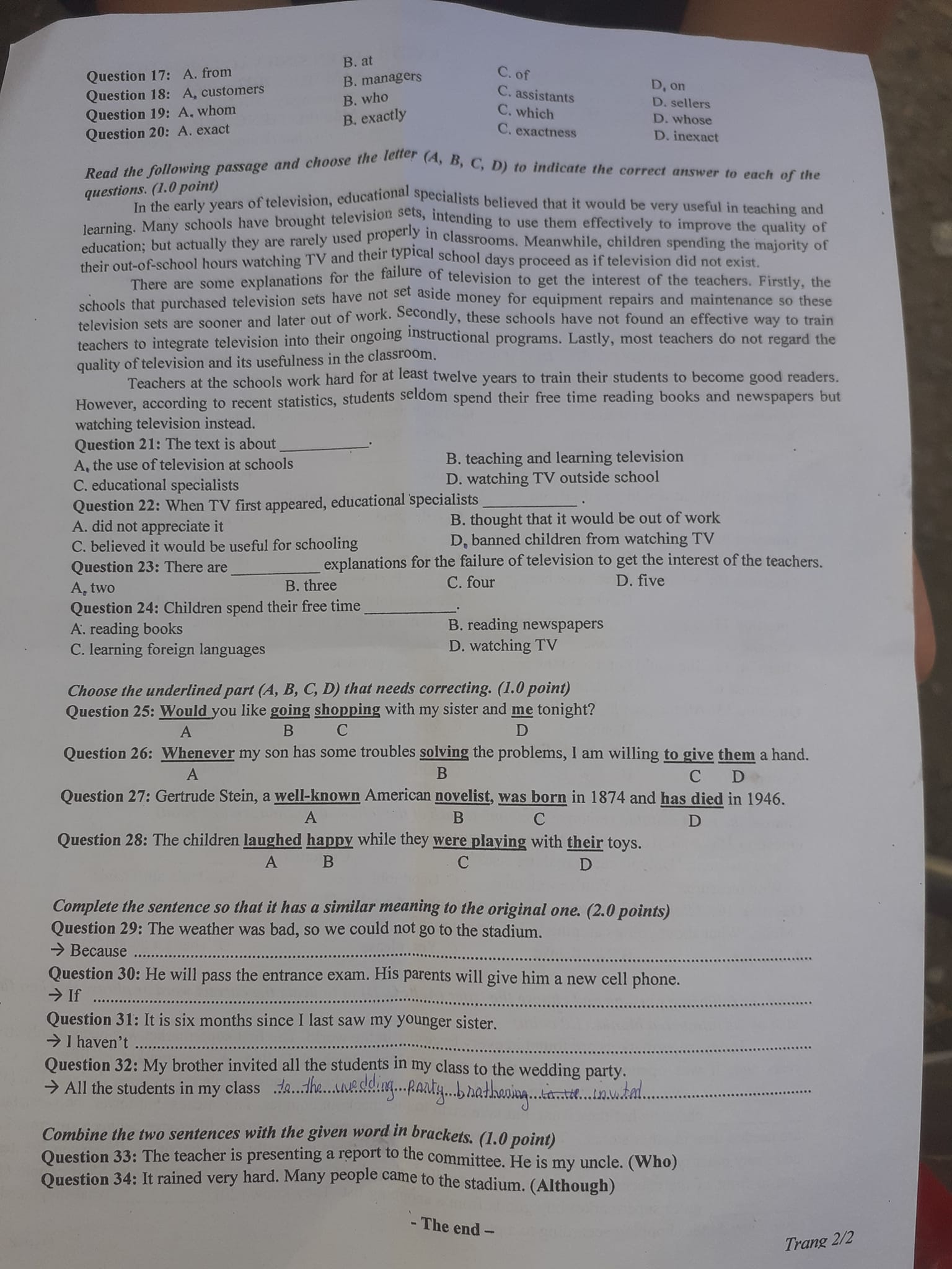 Đề thi tuyển sinh lớp 10 môn tiếng Anh tại An Giang năm 2022 (trang 2)