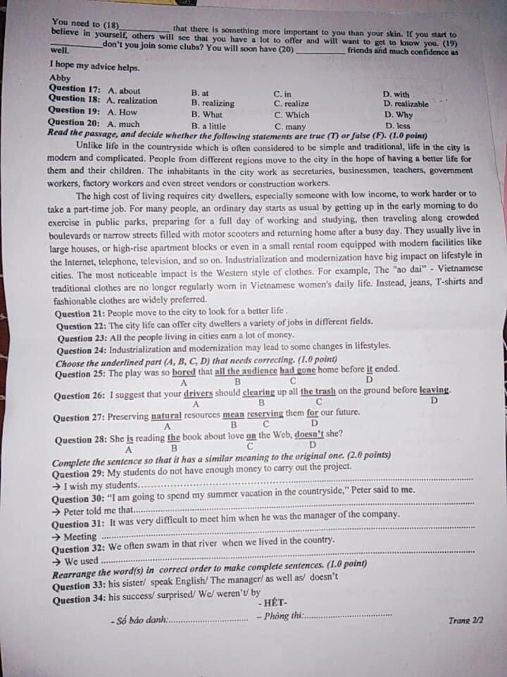 Đề thi tuyển sinh lớp 10 môn tiếng Anh tại An Giang năm 2020 (trang 2)