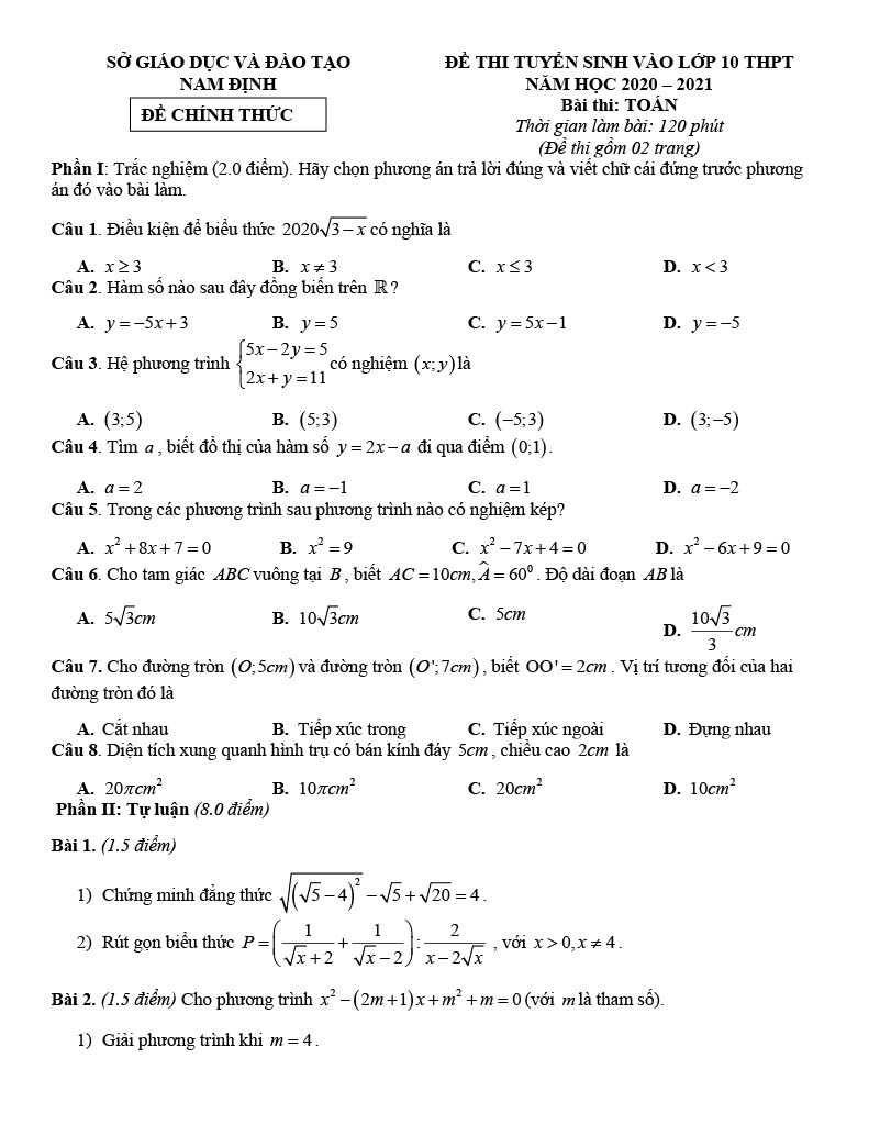 Đề thi tuyển sinh lớp 10 môn toán Nam Định 2020 (trang 1)