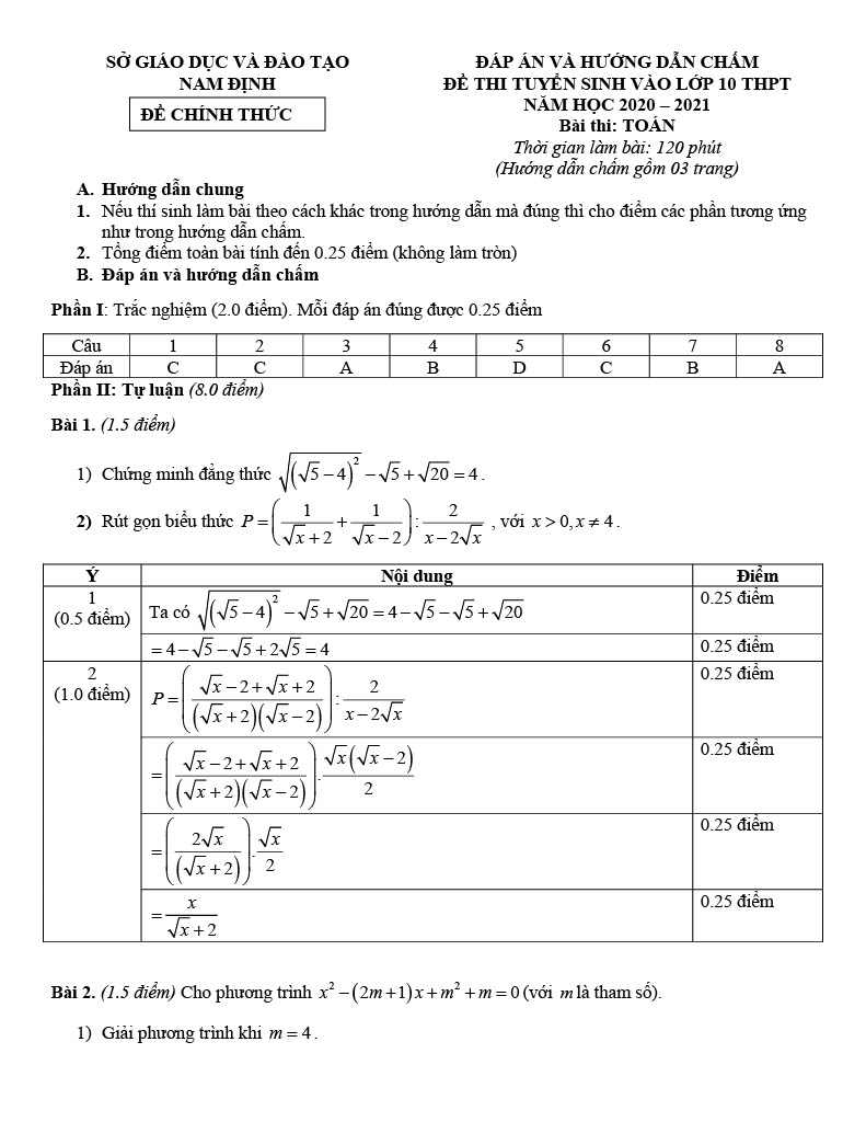 Đáp án đề thi tuyển sinh lớp 10 môn toán Nam Định 2020 (trang 1)