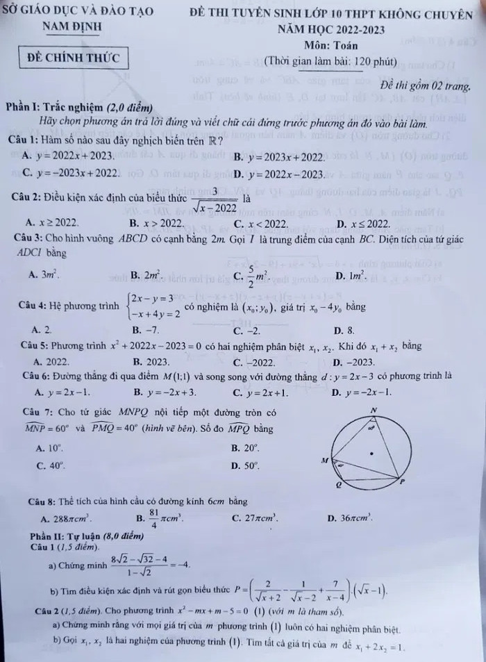 Đề thi tuyển sinh lớp 10 môn toán Nam Định 2022 (trang 1)