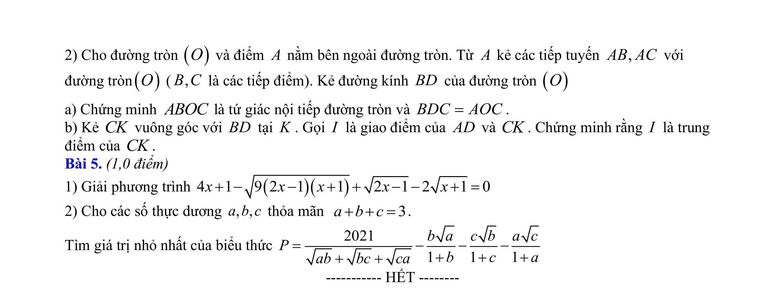 Đề thi tuyển sinh lớp 10 môn toán Nam Định 2021 (trang 2)
